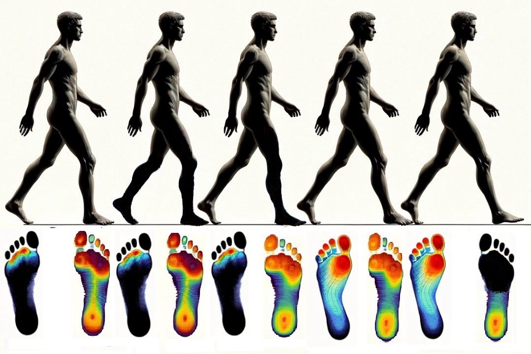 Plantar pressure heatmap visualized on a footprint. The image shows a foot outline with colored regions: red and dark green circles under the ball of the foot, a blue spot under the big toe, and a red area at the heel. These colors represent zones of high and low pressure, with red indicating the highest pressure points during walking or standing. This visualization helps identify pressure distribution and potential areas of concern for gait analysis.